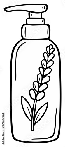 Black and white illustration of hand soap dispenser with botanical elements.