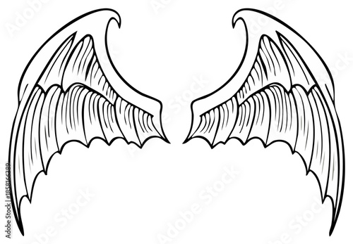 Detailed black outline drawing of a pair of fantasy creature bat or dragon wings perfect for mythical themes