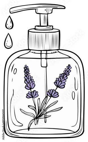 Illustration of a hand soap dispenser with lavender blossoms and water droplets