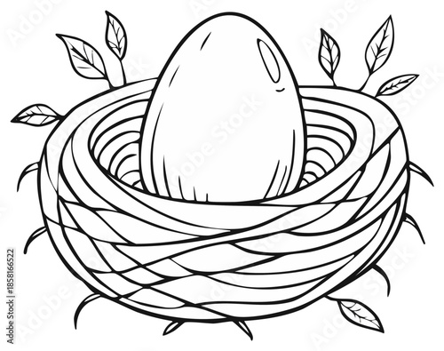 A solitary egg nestled in a woven bird's nest outlined with simple leaves in a line art illustration
