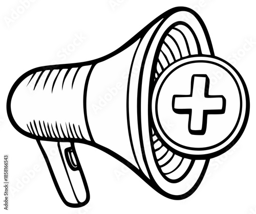 Black and White Line Drawing of a Megaphone with a Plus Symbol Inside a Circle