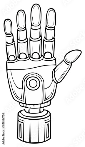 Robotic Hand Illustration Black and White, Technology Concept, Machine Arm, Artificial Limb, Futuristic Innovation