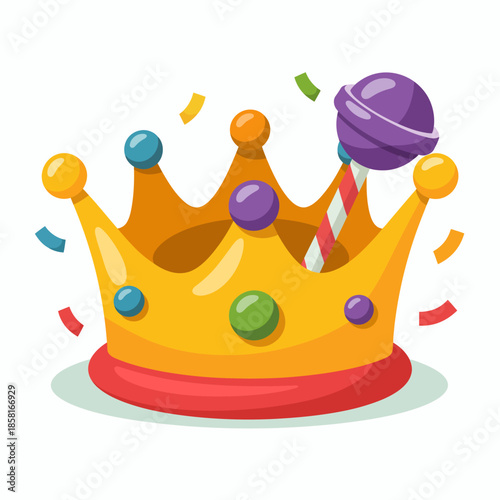 A festive crown adorned with colorful candies and a playful lollipop, representing joy, celebration, and the spirit of fun suitable for children's parties and events.