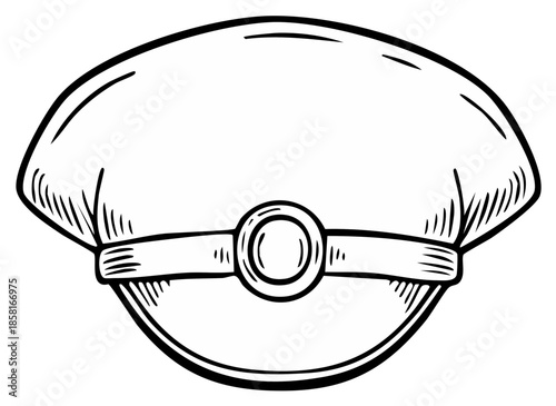 Vintage chauffeur cap illustration with front strap and button in black and white line art style