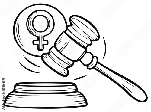 Gavel striking block with female symbol, illustrating gender equality and justice.
