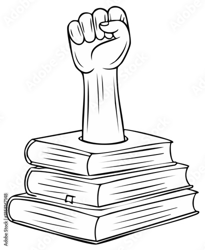 Fist Emerging From Stack of Books Symbolizing Knowledge Power and Revolution