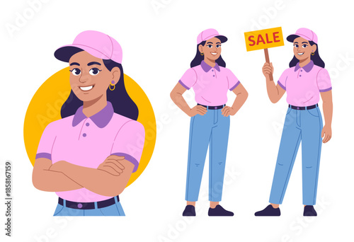 This cheerful image portrays a woman wearing a pink uniform and cap, actively promoting a sale event with a bright sign, embodying enthusiasm and the spirit of customer engagement.