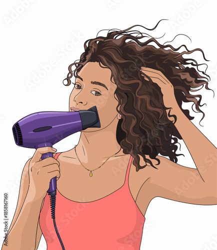 A young woman uses a hair dryer to style her beautiful curls, showcasing her confidence and personal care routine while enjoying her coiffure experience at home.