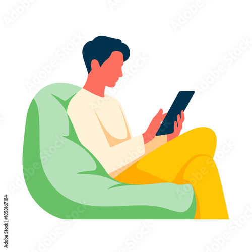 A minimalist depiction of a young man comfortably seated in a bean bag chair, focused on his digital device, embodying a moment of relaxation and leisure.