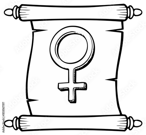 Female symbol emblem on ancient scroll with decorative finials in black and white drawing