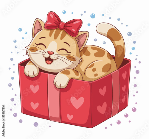 A cheerful cat with a bow tie relaxes in an adorable gift box, bringing joy and warmth with its playful demeanor and vibrant colors suitable for any pet lover.