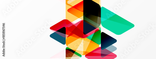 Abstract geometric shapes overlap, creating vibrant color blends. Composition feels dynamic, modern, energetic. White background provides contrast.