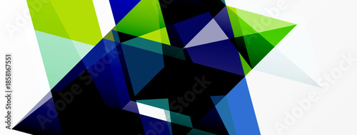 Abstract geometric shapes overlap. Blue, green hues dominate composition. Minimalist design creates dynamic visual effect.