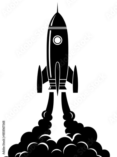 Vector illustration of a rocket launching into space with smoke and flames, technology advancement, launchpad