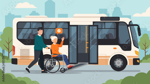 Vector illustration of a person assisting a senior citizen in a wheelchair boarding a bus with a ramp in a cityscape