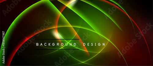 Abstract neon lines create dynamic curves, vibrant colors blend. Dark background emphasizes glowing shapes, modern design element.