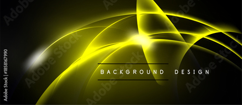 Dynamic yellow lines curve over black background. Bright glow emanates from central point, creating modern design element.