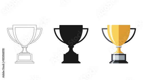 Set of three trophy icons outline, silhouette and colored award cup