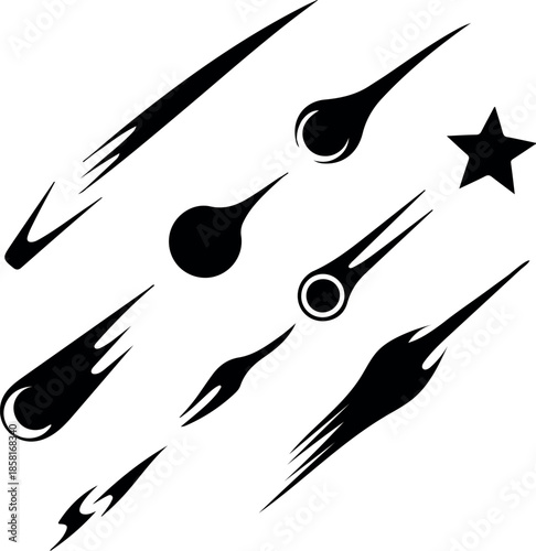 Set of Shooting Star and Meteorite Icons Black Vector Silhouettes. Collection of Abstract Comet and Falling Star Graphic Design Elements. Dynamic Comet Trail Silhouettes for Space and Astronomy Themes
