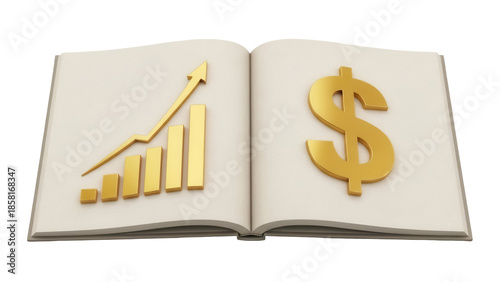 Open book with golden dollar sign and growth chart isolated PNG, financial success concept for business reports and presentations on transparent background