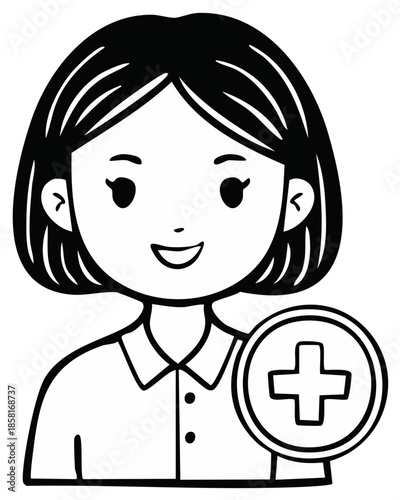 Smiling Woman with Medical Plus Sign Icon in Simple Outline Style