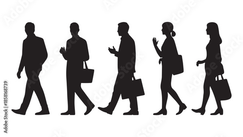Black silhouettes of a business group walking in a row where one leader is highlighted with a blue outline, symbolizing recruitment selection, hiring candidates, and individual career choice.