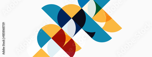 Abstract geometric shapes overlap. Circles, segments create dynamic composition. Colors include blue, orange, red, gray. Minimalist design.