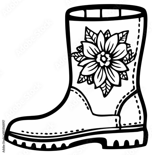 Floral pattern illustrated rubber boot with a decorative flower design