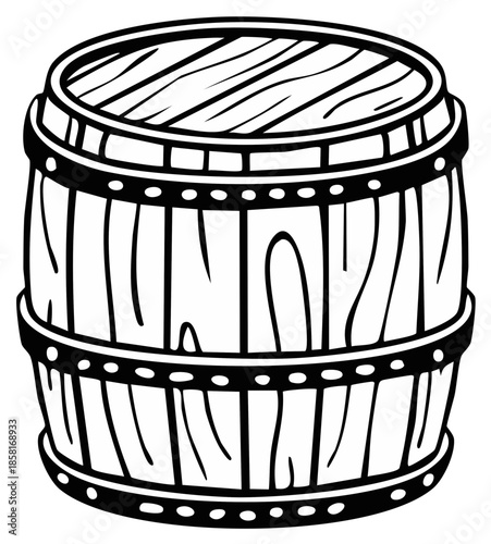Monochrome Vector Illustration of a Wooden Barrel for Storage or Aging Processes