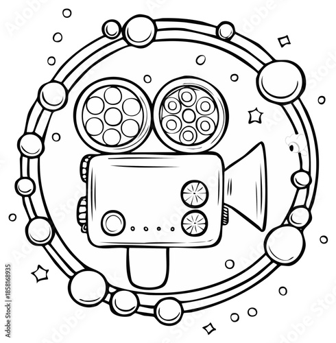 Vintage Film Camera Graphic Illustration Inside a Decorative Circle of Bubbles