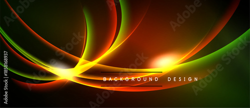 Bright abstract lines form dynamic curves. Vivid colors blend, creating energetic visual impact. Dark background emphasizes glowing effect.