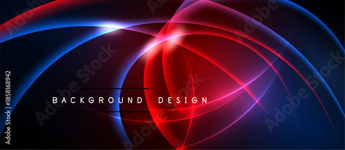 Abstract design features vibrant red, blue curves. Dynamic composition creates modern, energetic visual impact. Dark background enhances luminosity.