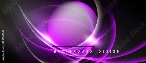 Abstract purple swirls dominate black background. Smooth curves create dynamic, flowing visual effect. Text reads background design.