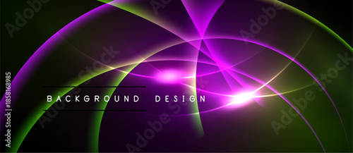 Abstract design features vibrant curves, glowing lines. Purple, green hues dominate dark background. Text reads background design.
