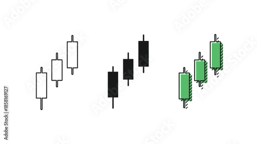 Three soldiers candlestick pattern in outline, solid black and green filled styles for financial trading analysis