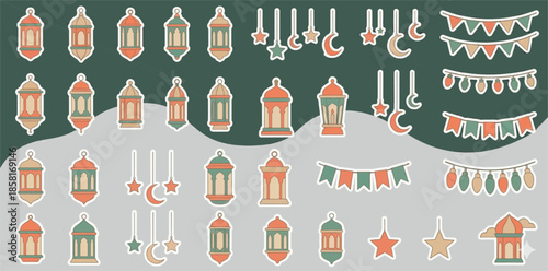 Flat Design Vector Sticker Set of Ramadan Lanterns, Stars, Moons, and Bunting Flags for Decoration.