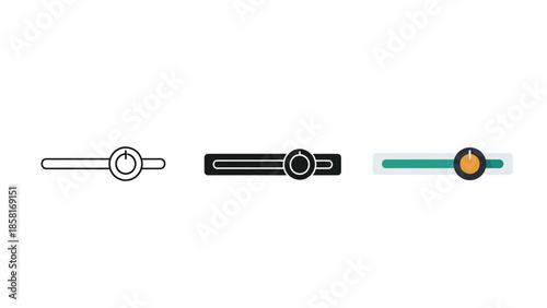 Set of three slider control icons for volume or settings adjustment, line, filled and flat color styles
