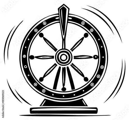 Black and white illustration of spinning ship's wheel, isolated