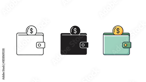 Set of three wallet icons with dollar coin, outline, solid and color styles