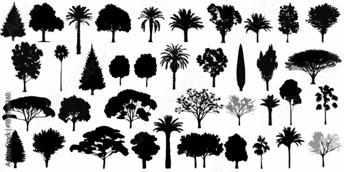 Collection of various tropical and deciduous tree silhouettes against white background
