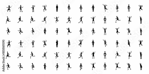 A grid of stick figures exhibiting a variety of dynamic poses and actions