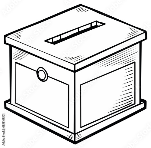 Isometric view of a donation box with a slot for receiving contributions