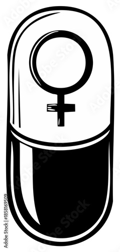 Pill with Female Symbol Black and White Medical Treatment Concept
