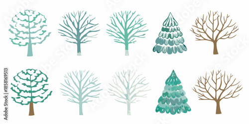 A collection of hand drawn evergreen and deciduous trees in teal hues
