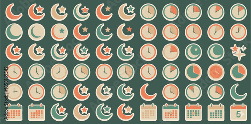 Flat Design Vector Icon Set of Crescent Moons, Clocks, and Calendars for Ramadan Prayer Schedules.