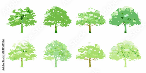 A collection of vibrant green trees in various shapes and sizes