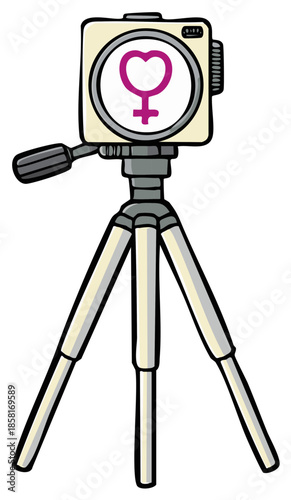 Cartoon style camera illustration with heart shaped female symbol on a tripod stands upright in an isolated presentation representing the essence of femininity