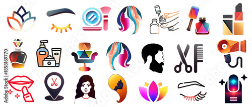 Vector illustration of These colorful, creative, and artistic icons are part of a hair salon. All elements in this pack are flat icons and perfect for use in related projects.