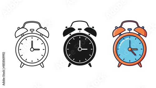 Set of three alarm clocks outline, solid black and color versions
