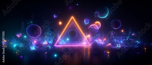 Futuristic Neon Triangle and Geometric Shapes in Vibrant Cyber Landscape